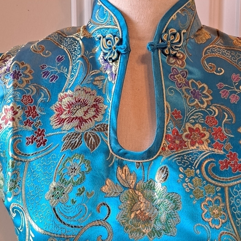 Huangchao Mandarin Collar Dress Size XL turquoise floral sleeveless - Picture 4 of 13